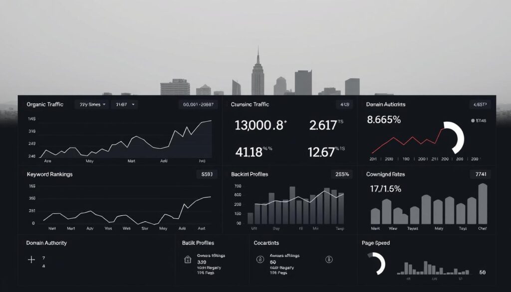 A sleek, minimalist dashboard displaying key SEO performance metrics for a Dayton-based business. In the foreground, crisp line charts track organic traffic, keyword rankings, and conversion rates over time, rendered in a sophisticated monochrome palette. The middle ground features concise, data-driven KPIs highlighting domain authority, backlink profiles, and page speed scores. In the background, a subtle city skyline of Dayton's iconic architecture frames the scene, evoking the local market context. The overall impression is one of data-driven insight and digital marketing mastery, conveying the expertise required to thrive in Dayton's competitive SEO landscape.