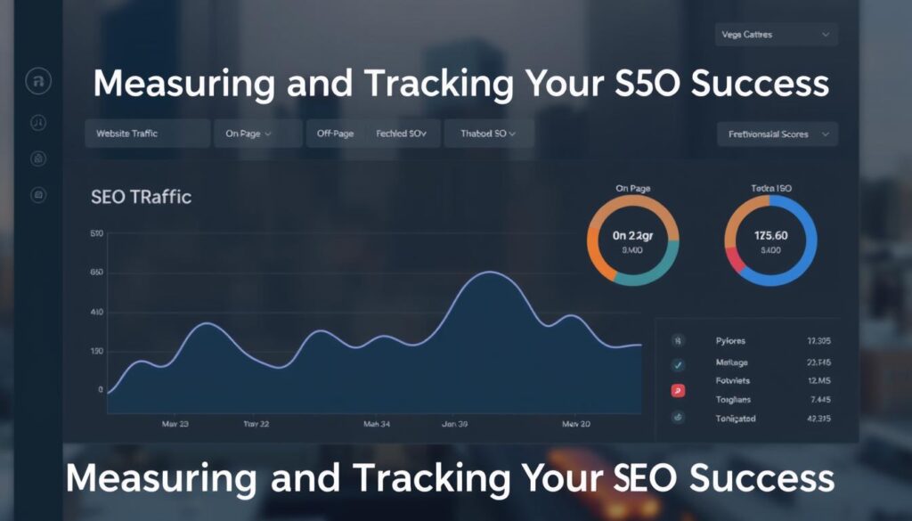 A sleek, minimalist dashboard displaying key SEO performance metrics. In the foreground, a line graph tracks website traffic over time, rendered in crisp, high-contrast visuals. In the middle ground, circular progress bars showcase optimization scores for on-page, off-page, and technical SEO. The background features a blurred cityscape, hinting at the Miami Gardens setting. Muted color tones and clean typography create a professional, data-driven atmosphere, perfectly suited to illustrate the "Measuring and Tracking Your SEO Success" section.