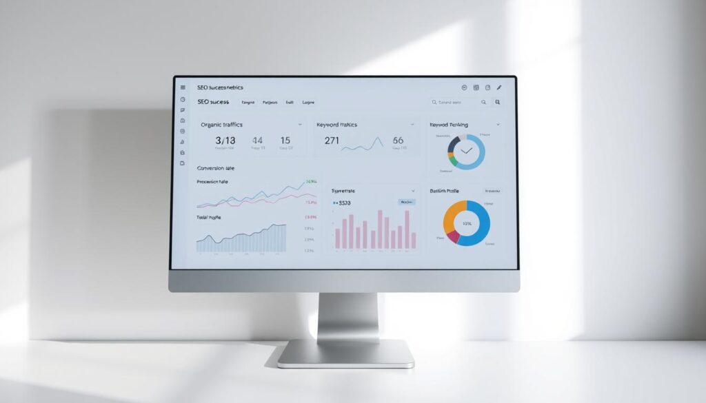 A sleek, minimalist dashboard displaying key SEO success metrics, including organic traffic, keyword rankings, conversion rate, and backlink profile. The dashboard is presented on a silver-gray monitor against a clean, white background, with soft, indirect lighting casting subtle shadows. The interface utilizes a modern, sans-serif typography and elegant data visualization techniques, such as line graphs and pie charts, to convey the information in a clear and visually appealing manner. The overall mood is one of professionalism, efficiency, and data-driven insights, reflecting the need to track and measure the success of an SEO campaign.