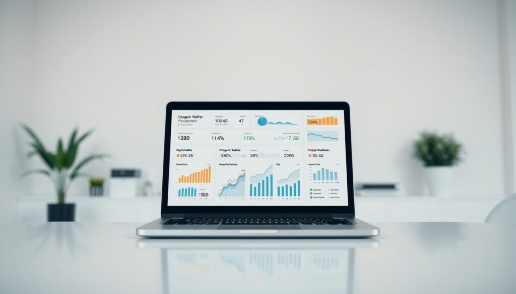 A sleek, minimalist dashboard displaying key SEO success metrics. In the foreground, a laptop screen showcases a visually striking data visualization, with elegant charts and graphs tracking crucial KPIs such as organic traffic, keyword rankings, and conversion rates. The middle ground features a modern, stylized office setting with a large, high-resolution monitor and a neat workspace. The background is softly blurred, creating a sense of depth and focus on the central data display. The lighting is clean and directional, casting subtle shadows and highlights that accentuate the dashboard's clarity and professionalism. The overall mood is one of data-driven success and digital optimization.