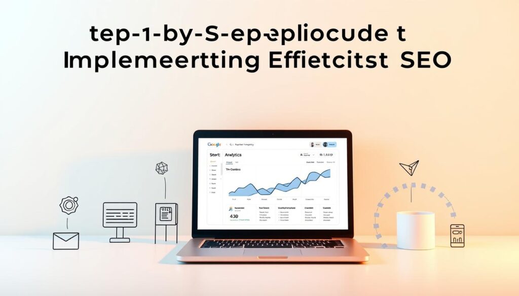 A sleek, minimalist illustration depicting the key steps in implementing effective SEO. The foreground showcases a series of clean, geometric icons representing fundamental SEO tasks like keyword research, on-page optimization, link building, and content creation. The middle ground features a laptop screen displaying an analytics dashboard, highlighting data-driven insights. The background is a soft gradient, providing a sense of depth and focus. Warm, directional lighting casts subtle shadows, creating a sense of dimension. The overall aesthetic is professional, informative, and visually engaging, perfectly suited to illustrate the "Step-by-Step Guide to Implementing Effective SEO" section of the article.
