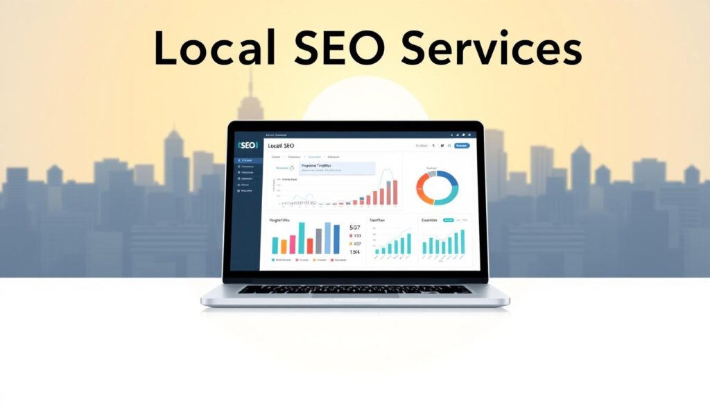 A sleek, minimalist illustration of "Local SEO Services" showcasing key performance indicators. In the foreground, a laptop display presents a stylized dashboard with charts and graphs tracking organic traffic, keyword rankings, and lead generation. The middle ground features a city skyline with a bold "SEO" graphic, conveying the local impact of search engine optimization. The background is bathed in a soft, warm glow, creating a professional, data-driven atmosphere. The composition is balanced, with clean lines and a cohesive color palette that complements the article's subject and section title.
