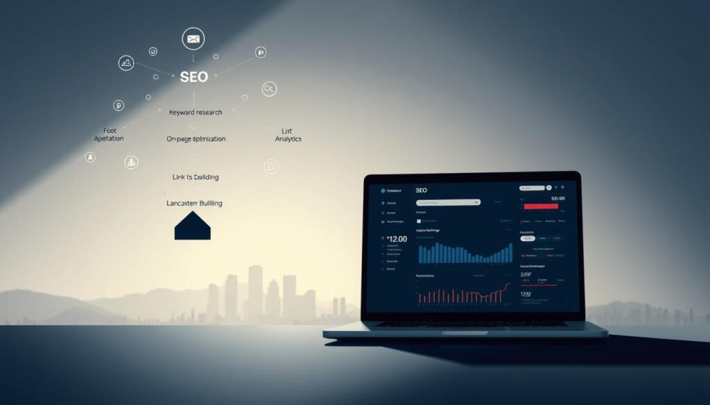 A sleek, minimalist illustration of an SEO strategy, captured through a cinematic lens. In the foreground, a bold, geometric structure representing the core pillars of SEO - keyword research, on-page optimization, and link building. Floating above, ethereal data visualizations depict the flow of search engine algorithms. The middle ground features a stylized laptop screen, showcasing a dashboard of SEO analytics and insights. In the background, a city skyline with Lancaster, CA landmarks subtly emerges, conveying the local focus of the strategy. Lighting is crisp and directional, casting dramatic shadows that add depth and drama. The overall mood is one of strategic precision, digital innovation, and hometown pride.