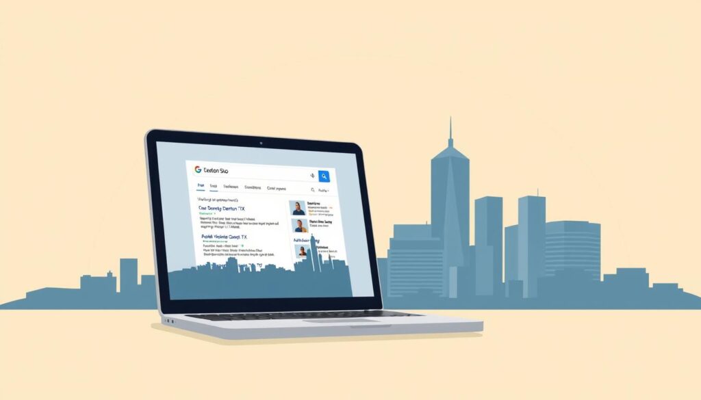 A sleek, minimalist illustration showcasing local SEO services in Denton, TX. In the foreground, a stylized laptop display presents a search engine results page, prominently featuring a Denton-based business. The middle ground features a city skyline of Denton, with its iconic landmarks visible. In the background, a soft, warm-toned gradient creates a sense of depth and focus. The overall composition conveys a professional, trust-inspiring atmosphere suitable for a section on implementing on-page SEO techniques for Denton businesses.