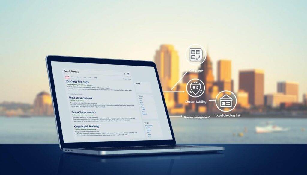 A sleek, minimalist illustration showcasing the core components of SEO for local businesses. In the foreground, a laptop screen displays a search engine results page, highlighting key on-page factors like optimized title tags, meta descriptions, and schema markup. In the middle ground, stylized icons represent off-page elements such as citation building, review management, and local directory listings. The background features a city skyline of Cedar Rapids, IA, bathed in warm, golden lighting to convey a sense of professionalism and authority. The overall composition communicates the essential pillars of a comprehensive local SEO strategy for Cedar Rapids businesses.