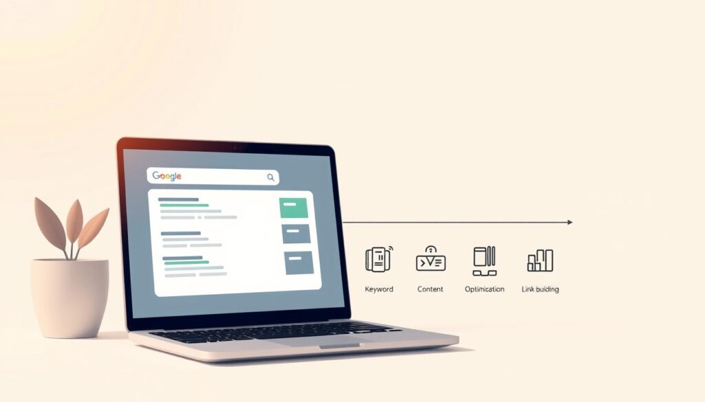 A sleek, minimalist illustration showcasing the key stages of the SEO optimization process. In the foreground, a laptop screen displays a search engine results page, hinting at the importance of improving online visibility. The middle ground features a series of icons representing essential SEO tactics, such as keyword research, content optimization, and link building, arranged in a clean, linear flow. The background is a soft, neutral gradient, allowing the core elements to take center stage. Warm, directional lighting from the top left casts subtle shadows, adding depth and a sense of professionalism to the scene. The overall mood is one of efficiency, clarity, and a systematic approach to enhancing a website's search engine performance.