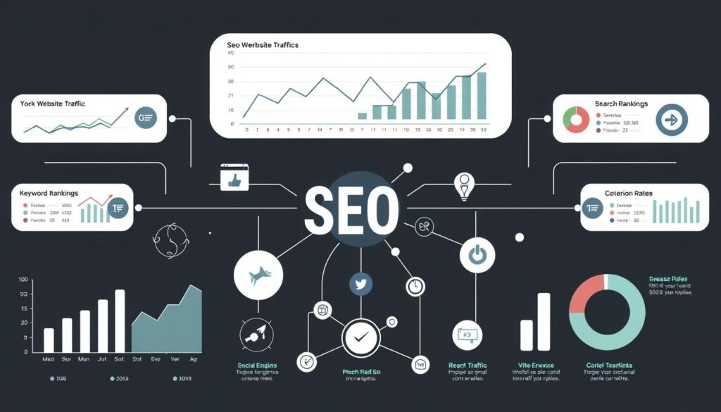 A sleek, minimalist infographic on a dark background, showcasing key SEO performance metrics. In the foreground, neatly arranged data visualizations like line graphs, bar charts, and pie charts, depicting website traffic, keyword rankings, conversion rates, and other critical SEO KPIs. The middle ground features stylized icons and symbols representing search engines, social media, and other digital marketing channels. In the background, a subtle pattern of interconnected nodes and lines, symbolizing the complex web of SEO factors. Muted color palette of greys, blues, and greens, with strategic pops of accent colors to highlight important data points. Crisp, high-contrast rendering with a sophisticated, professional aesthetic suitable for a business-focused article on SEO services.