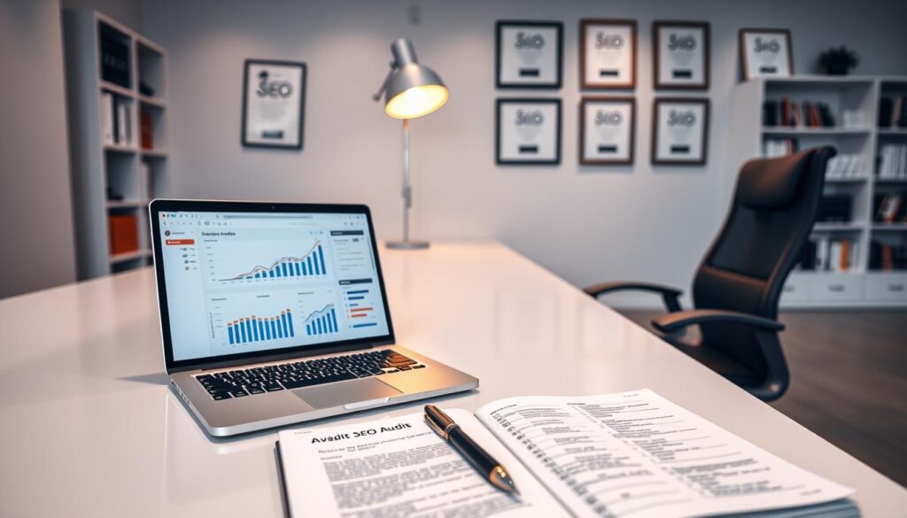 A sleek, minimalist office setting with a large desk and modern ergonomic chair. On the desk, a laptop displays an SEO audit dashboard, with charts, graphs, and analytics data. In the foreground, a pen and notebook lie open, showcasing handwritten notes and checklists. The middle ground features a desk lamp providing warm, focused lighting on the work area. In the background, bookshelves and framed certifications line the walls, conveying an atmosphere of expertise and professionalism. The overall scene exudes a sense of methodical analysis and strategic planning for an effective SEO strategy.