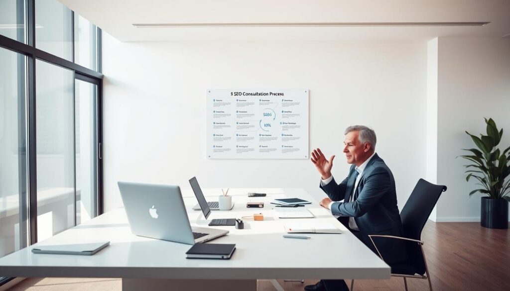A sleek, minimalist office setting with a large desk showcasing a laptop, notepad, and various office supplies. In the foreground, a business professional is seated, gesturing animatedly during an SEO consultation session. Soft, natural lighting filters in through large windows, creating a warm, productive atmosphere. The middle ground features a stylized infographic on the wall, detailing the key steps of the SEO consultation process. The background maintains a clean, uncluttered design, allowing the focal points to shine. The overall scene conveys a sense of expertise, collaboration, and a clear roadmap for SEO success.