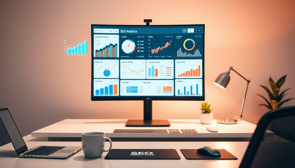 A sleek, minimalist office setting with a large monitor displaying various SEO analytics tools. On the screen, colorful charts, graphs, and dashboards showcasing website traffic, keyword rankings, and other SEO performance metrics. The workspace is bathed in warm, directional lighting, creating a focused and productive atmosphere. In the foreground, a laptop, coffee mug, and a mouse pad with the SEO analytics tool logo. The middle ground features a clean, clutter-free desk with a stylish desk lamp and a small potted plant. The background blurs into a neutral, off-white wall, drawing attention to the central display and creating a sense of professionalism and efficiency.