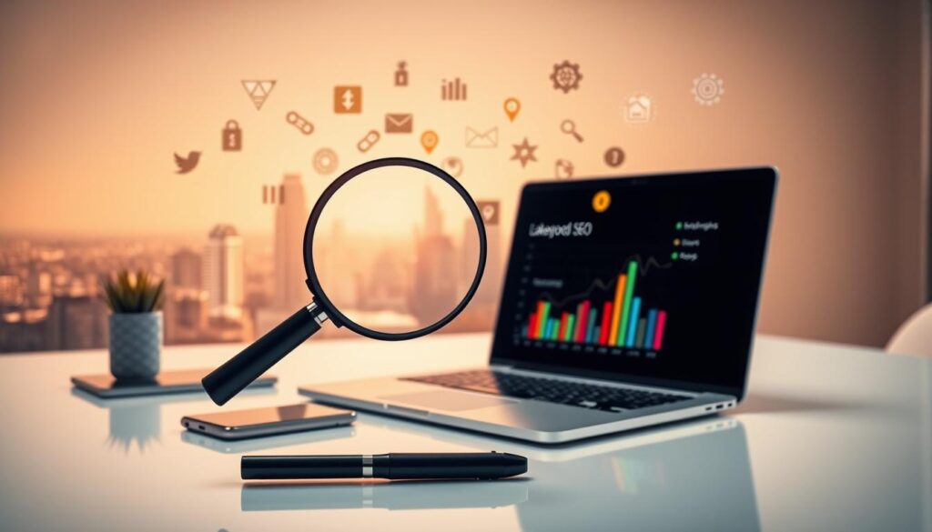 A sleek, minimalist office workspace with a laptop, smartphone, and various digital marketing icons floating around. The scene is bathed in warm, diffused lighting, creating a focused and productive atmosphere. In the foreground, a magnifying glass hovers, symbolizing the process of thorough SEO analysis. In the middle ground, colorful data visualizations and analytical graphs emerge, representing the data-driven approach to SEO optimization. The background features a cityscape of Lakewood, NJ, showcasing the local focus of the SEO services. The overall composition conveys a sense of expertise, precision, and a deep understanding of the complexities of modern SEO.