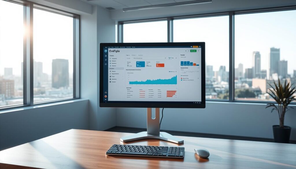 A sleek, minimalist office workspace with a large, high-resolution computer monitor displaying a search engine optimization dashboard. The monitor is positioned on a modern, wooden desk, accompanied by a wireless keyboard and mouse. The room is bathed in soft, natural lighting filtering in through large windows, creating a tranquil and productive atmosphere. In the background, a city skyline of Sioux Falls, South Dakota, can be seen through the windows, hinting at the local focus of the SEO services. The overall scene conveys a sense of professionalism, efficiency, and a dedication to helping local businesses thrive through effective search engine optimization strategies.
