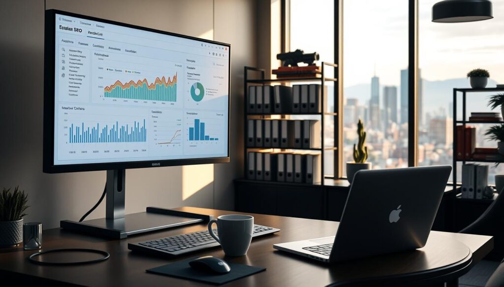 A sleek, minimalist office workspace with a large monitor displaying technical SEO analytics. The foreground features a desk with a laptop, mouse, and a mug of coffee. In the middle ground, there are shelves with books and folders related to search engine optimization. The background showcases a city skyline through a large window, hinting at the local focus of the West Valley City SEO services. The lighting is soft and warm, creating a productive and focused atmosphere. The overall scene conveys a sense of expertise and strategic planning in the field of technical SEO.