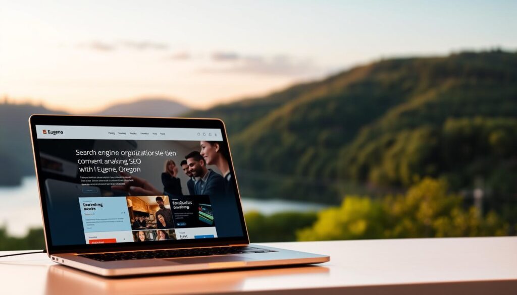 A sleek, minimalist website showcasing search engine optimization services in Eugene, Oregon. In the foreground, a laptop displays a stylized web interface with clean navigation and vibrant imagery. The middle ground features a team of developers collaborating, their focused expressions reflected in the screen's glow. In the background, the iconic Willamette River and lush, verdant hills create a serene, natural backdrop. Soft, warm lighting illuminates the scene, conveying a sense of professionalism and expertise. The overall composition suggests a comprehensive, results-driven approach to SEO, tailored to the unique needs of businesses in the Eugene community.
