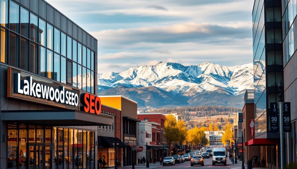 A sleek, modern Lakewood cityscape with a prominent search engine optimization (SEO) focused business in the foreground. The building has a minimalist, glass and steel design, with bold signage showcasing the "Lakewood SEO" brand. In the middle ground, bustling streets are lined with thriving local shops and restaurants, reflecting the vibrant energy of the community. The background features the majestic Rocky Mountains, their snow-capped peaks creating a picturesque and serene setting. Warm, golden lighting illuminates the scene, conveying a sense of prosperity and growth. The overall composition highlights the power of effective SEO in elevating a Lakewood business and driving online visibility within this picturesque Colorado city.