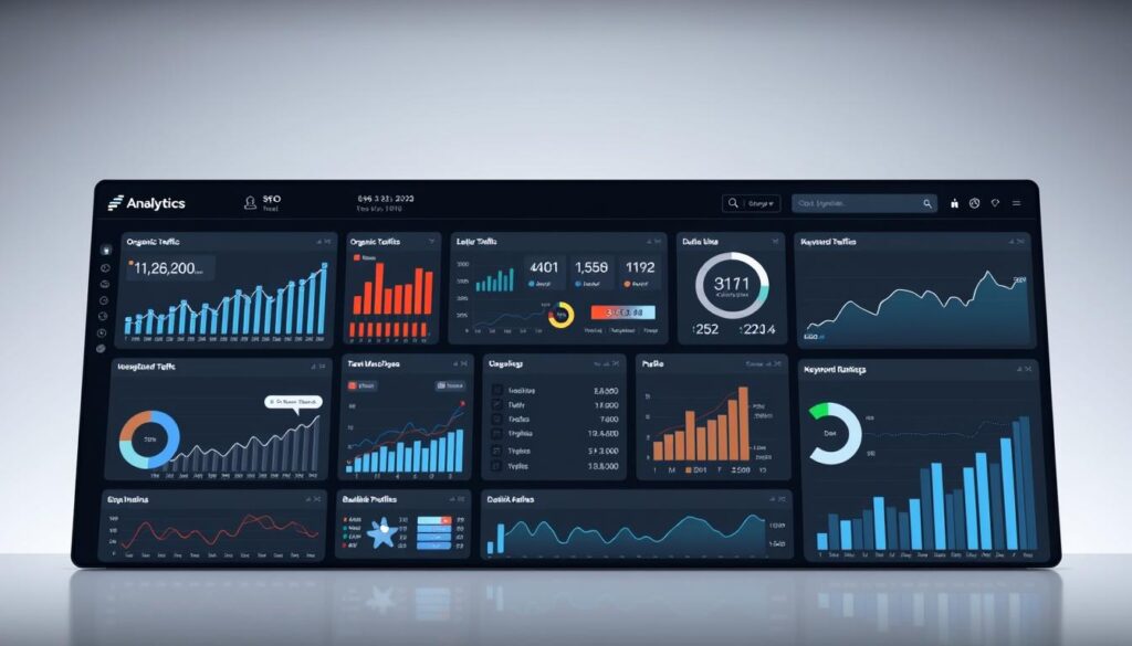 A sleek, modern SEO analytics dashboard with a clean, minimalist design. The foreground displays an array of interactive graphs, charts, and data visualizations, showcasing key SEO metrics such as organic traffic, keyword rankings, and backlink profiles. The middle ground features a large central display panel with customizable widgets and drill-down capabilities, allowing the user to deeply analyze and optimize their Lakeland SEO performance. The background has a subtle, gradient-based color scheme with muted tones that complement the dashboard's sophistication. The lighting is soft and diffused, creating a professional, data-driven atmosphere. The camera angle is slightly angled, providing an engaging, dynamic perspective of the comprehensive, user-friendly SEO analytics interface.