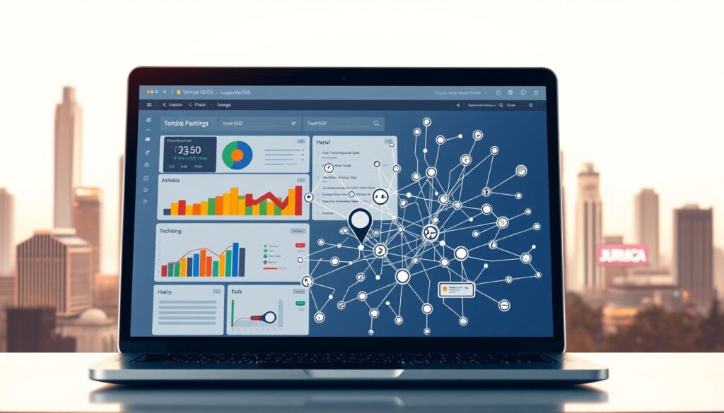 A sleek, modern illustration showcasing the key elements of technical SEO fundamentals. In the foreground, a laptop screen displays an analytics dashboard, with colorful graphs and charts highlighting crucial metrics like site speed, structured data, and crawlability. In the middle ground, a network of interconnected nodes and lines represents the complex web of technical optimizations, ranging from server configurations to URL structures. The background features a stylized cityscape, hinting at the local SEO implications, with skyscrapers and signage alluding to the Jurupa Valley setting. The scene is illuminated by a warm, soft lighting, creating a professional and authoritative atmosphere, emphasizing the importance of technical SEO in driving improved search engine rankings.