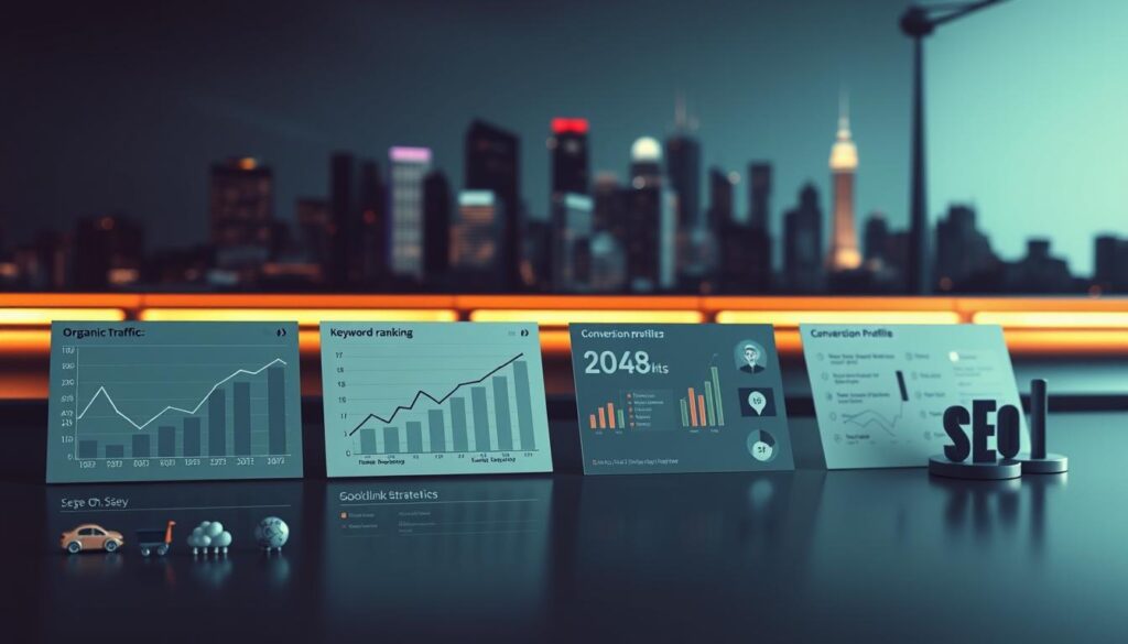 A sleek, modern infographic showcasing key performance indicators for SEO, against a sophisticated backdrop. In the foreground, data visualizations and charts in a minimalist, high-contrast style display metrics like organic traffic, keyword rankings, conversion rates, and backlink profiles. The middle ground features isometric icons and illustrations representing different SEO strategies and techniques. In the background, a dimly lit cityscape with skyscrapers and neon accents creates an urban, tech-savvy atmosphere. Crisp, directional lighting casts dramatic shadows, and a slightly low camera angle emphasizes the importance and impact of the SEO KPIs. The overall mood is one of data-driven insights, digital marketing expertise, and measurable online success.
