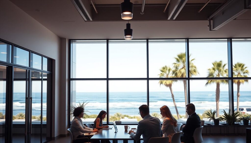 A sleek, modern office building in downtown Ventura, CA, with clean lines, large windows, and a minimalist facade. In the foreground, a group of professionals in business attire are gathered around a conference table, collaborating on a digital marketing strategy. Subtle lighting from overhead fixtures casts a warm, focused glow, emphasizing the concentration and expertise of the team. The background features the iconic California coastline, with the Pacific Ocean and palm trees visible through the expansive windows, creating a sense of place and inspiration. The overall scene conveys the professionalism, innovation, and local focus of a leading Ventura-based SEO company.