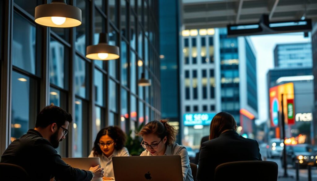 A sleek, modern office building in the heart of Columbia, SC, its facade adorned with clean lines and expansive windows. In the foreground, a group of professionals deeply engaged in their work, laptops open and brows furrowed in concentration. Subtle lighting from overhead fixtures casts a warm glow, creating a productive and focused atmosphere. In the background, the bustling streets of Columbia's vibrant downtown come into view, hinting at the city's thriving digital landscape. The image conveys the expertise and dedication of an SEO agency working to elevate the online presence of local businesses, seamlessly blending the urban setting with the quiet professionalism of the team.