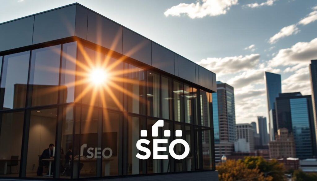 A sleek, modern office building in the heart of Jackson, MS, its facade adorned with subtle signage indicating an SEO firm. The sun casts a warm, golden glow through the large windows, illuminating the workspace within. In the foreground, a stylized, minimalist logo is prominently displayed, reflecting the company's commitment to clean, effective digital marketing strategies. The middle ground features a team of professionals, collaborating at their desks, surrounded by state-of-the-art technology. In the background, the bustling city skyline serves as a backdrop, underscoring the firm's deep roots in the local community. The overall scene conveys a sense of expertise, innovation, and a dedication to elevating businesses through cutting-edge SEO solutions.