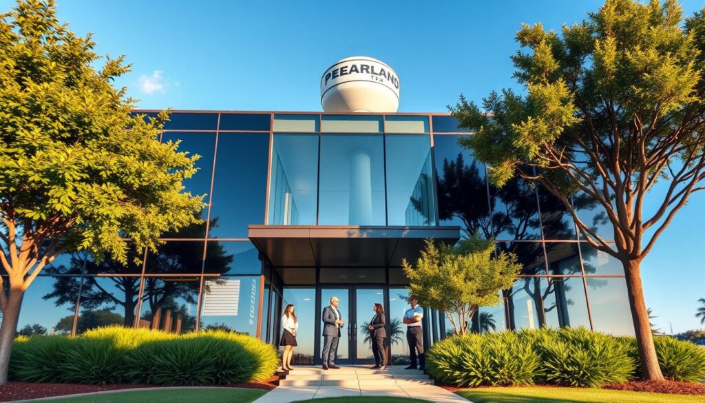 A sleek, modern office building in the heart of Pearland, TX, nestled among lush greenery and a clear blue sky. The front facade features large windows that reflect the vibrant local landscape. A team of professionals, dressed in smart business attire, stand outside the entrance, discussing digital strategies for local enterprises. The scene is illuminated by warm, natural lighting, casting a professional and inviting atmosphere. In the background, the iconic Pearland water tower stands tall, symbolizing the thriving community. The overall composition conveys the dynamic, tech-savvy nature of Pearland's digital landscape in 2023.