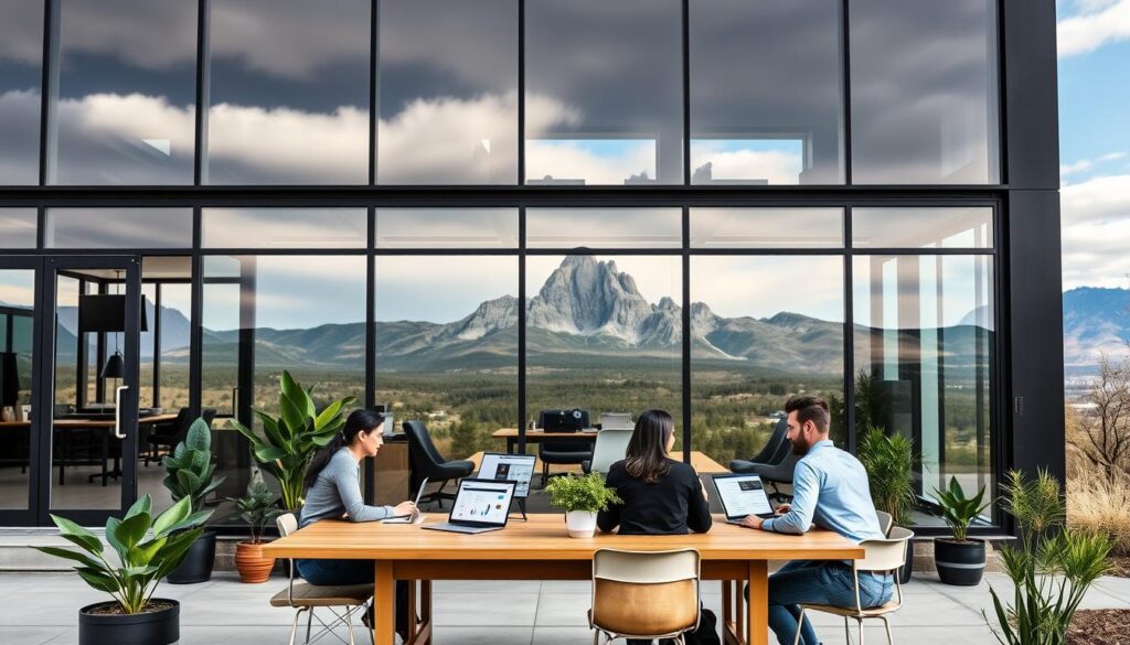 A sleek, modern office building nestled in the foothills of the Flatirons, with a Boulder SEO agency occupying the ground floor. The facade features large windows letting in ample natural light, reflecting the agency's emphasis on transparency and digital visibility. In the foreground, a team of SEO experts collaborating at a long, minimalist wooden table, their laptop screens showcasing analytics dashboards and website audits. Potted plants and minimalist decor create a warm, productive atmosphere. The background reveals the iconic Flatirons, their majestic silhouettes visible through the windows, a subtle nod to the agency's Boulder roots and connection to the local community.