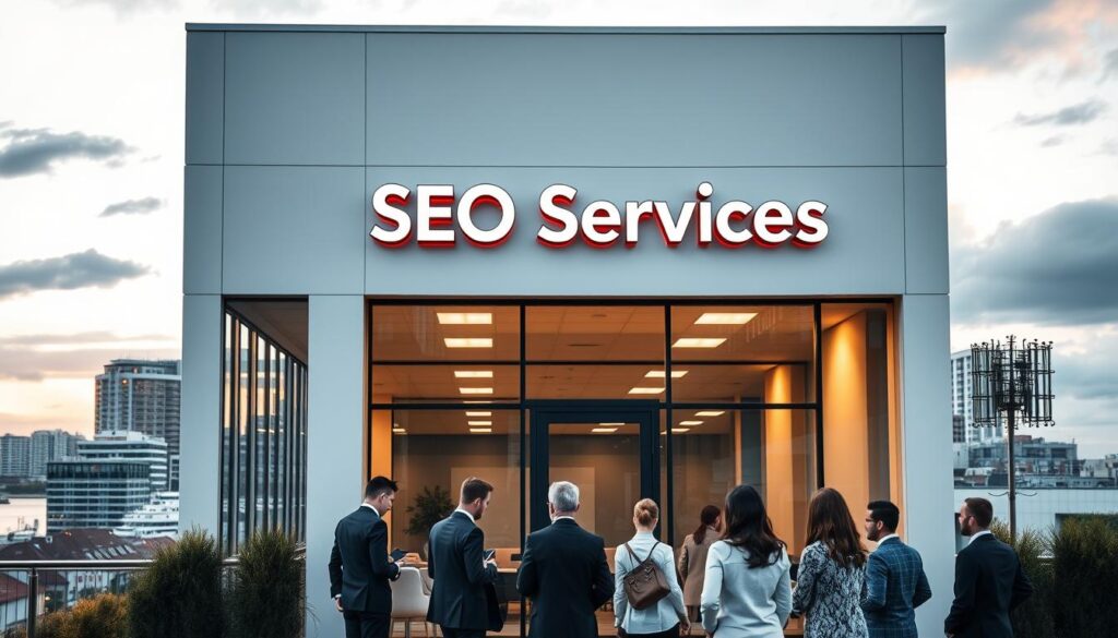A sleek, modern office building set against a backdrop of Hampton's picturesque cityscape. The façade is adorned with bold, minimalist signage showcasing "SEO Services Hampton". The building's clean lines and large windows create an airy, professional atmosphere. In the foreground, a group of stylishly dressed people are engaged in a lively discussion, highlighting the collaborative nature of the business. Warm, directional lighting casts a soft glow, creating a sense of productivity and innovation. The overall scene conveys the expertise, attention to detail, and forward-thinking approach that characterizes the SEO services offered in Hampton, Virginia.
