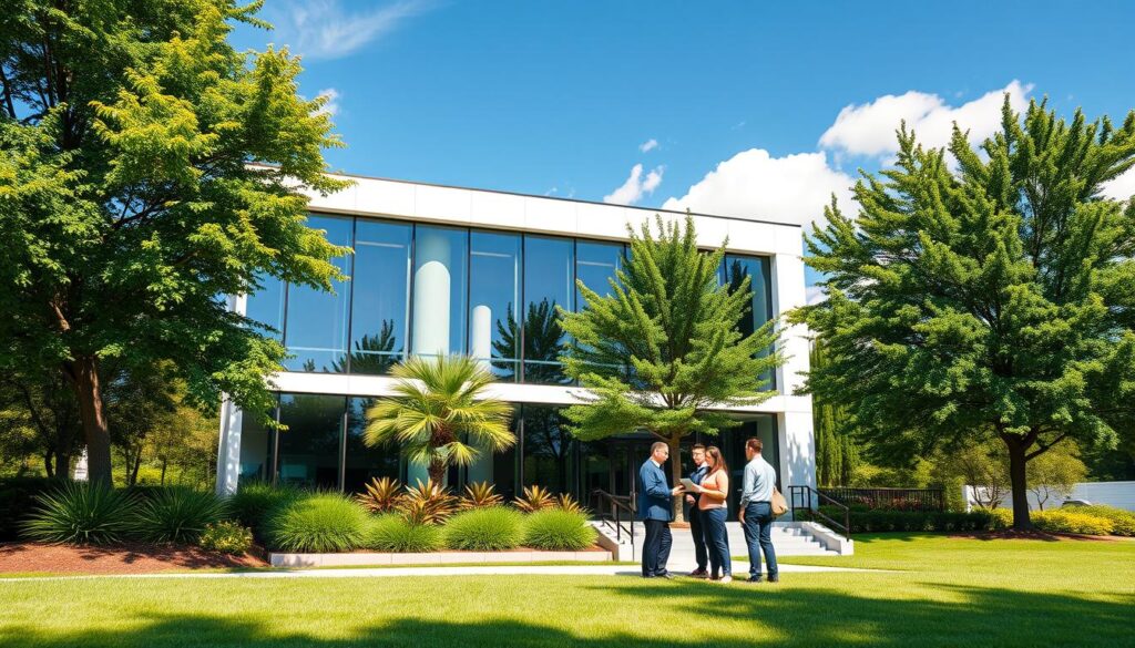A sleek, modern office building set against a backdrop of lush greenery and a clear blue sky. The building's facade features large windows and clean, minimalist architecture, hinting at the professionalism and attention to detail within. In the foreground, a group of people are gathered, discussing digital marketing strategies and SEO best practices. The scene is bathed in warm, natural lighting, conveying a sense of productivity and collaboration. The overall atmosphere is one of innovation and expertise, perfectly capturing the essence of "Pearland SEO services".