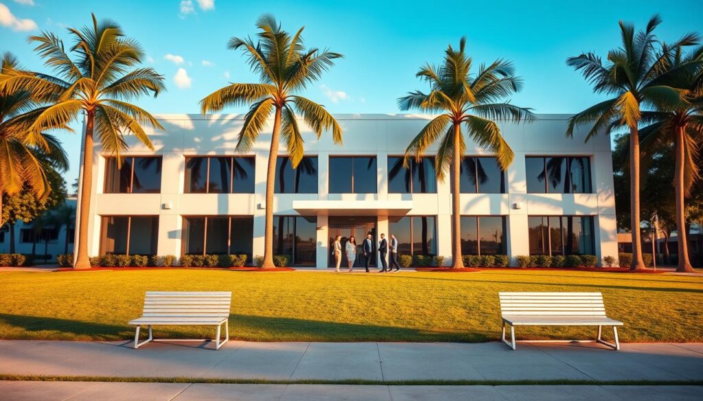 A sleek, modern office building set against a backdrop of palm trees and a clear blue sky. The building's facade features large windows, clean lines, and a minimalist design, conveying a sense of professionalism and expertise. In the foreground, a well-manicured lawn and a few strategically placed benches create an inviting outdoor space. The lighting is soft and warm, creating a welcoming atmosphere. In the middle ground, a group of people can be seen entering the building, suggesting the hustle and bustle of a thriving SEO services business. The overall scene evokes a sense of productivity, success, and attention to detail, perfectly capturing the essence of high-quality SEO services in Davie, FL.