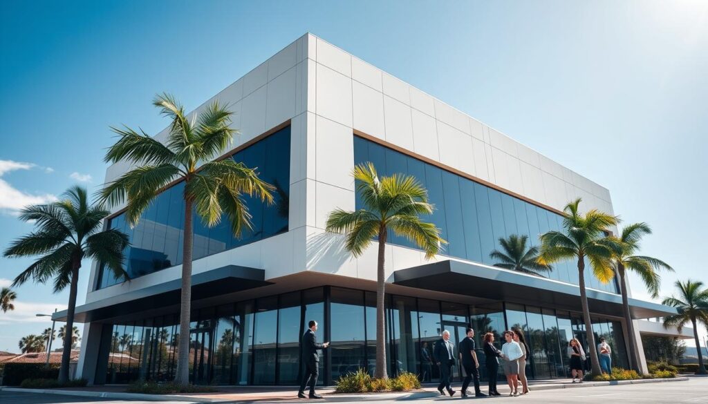 A sleek, modern office building set against a backdrop of palm trees and blue skies, representing the top SEO agency in Torrance, California. The building's façade features clean lines, large windows, and a minimalist design aesthetic. In the foreground, a group of professionals in business attire are seen interacting, conveying the agency's expertise and collaborative work environment. The lighting is natural, creating a bright and welcoming atmosphere. The overall scene captures the professionalism, innovation, and success of the leading SEO agency serving the Torrance community.