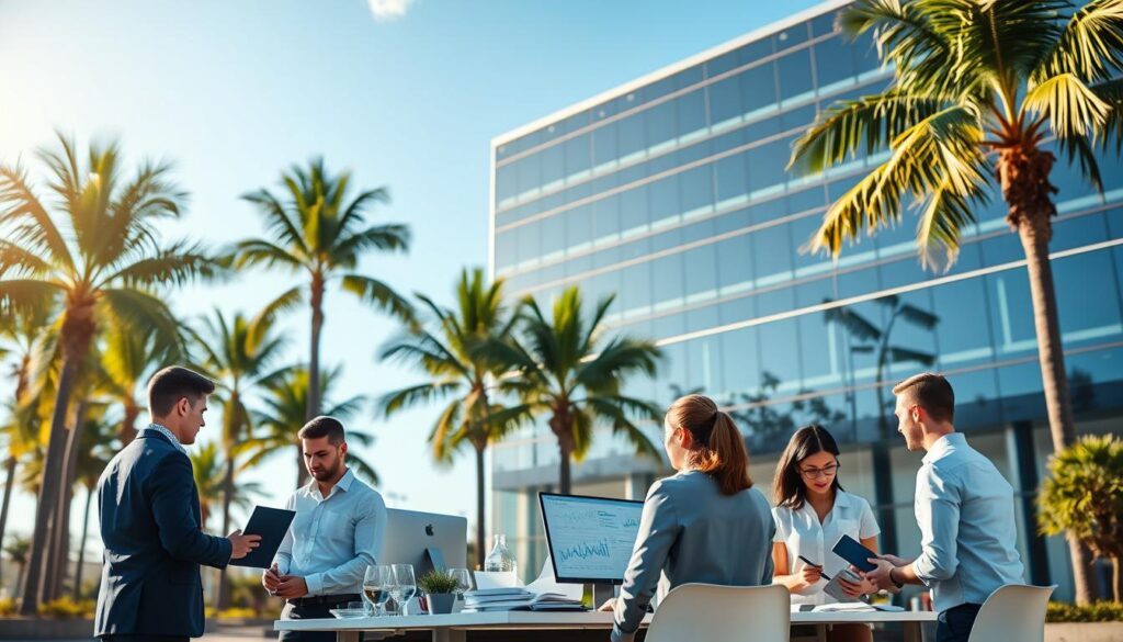 A sleek, modern office building set against a backdrop of palm trees and clear blue skies. In the foreground, a group of professionals engaged in various SEO-related tasks, such as analyzing website analytics, conducting keyword research, and strategizing digital marketing campaigns. The lighting is soft and natural, casting a warm glow over the scene. The composition emphasizes the collaborative nature of the SEO services, with team members working together seamlessly. The overall atmosphere conveys a sense of expertise, efficiency, and innovation in the field of search engine optimization.