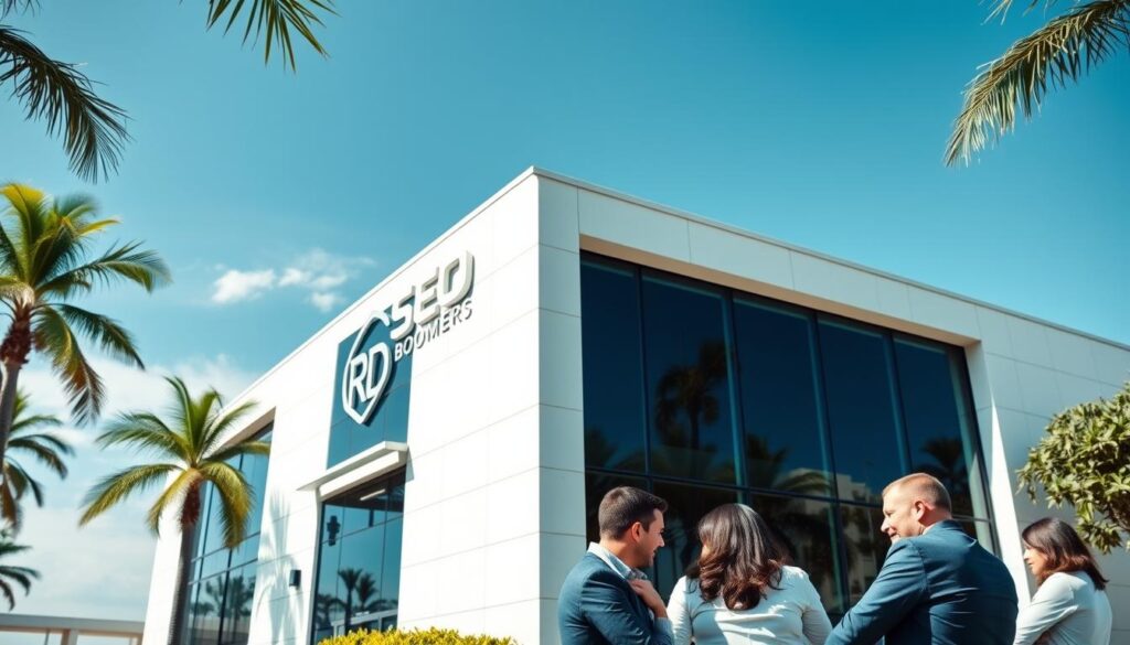 A sleek, modern office building set against a backdrop of palm trees and clear blue skies. The facade features large windows and a stylish logo, signaling the professional presence of an SEO agency. In the foreground, a group of people are engaged in a meeting, their expressions focused and intent. The lighting is bright and airy, creating a sense of productivity and success. The scene conveys the expertise and capabilities of the "Revenue Boomers" SEO agency, making it the clear choice for businesses seeking to boost their online visibility in Miramar, FL.