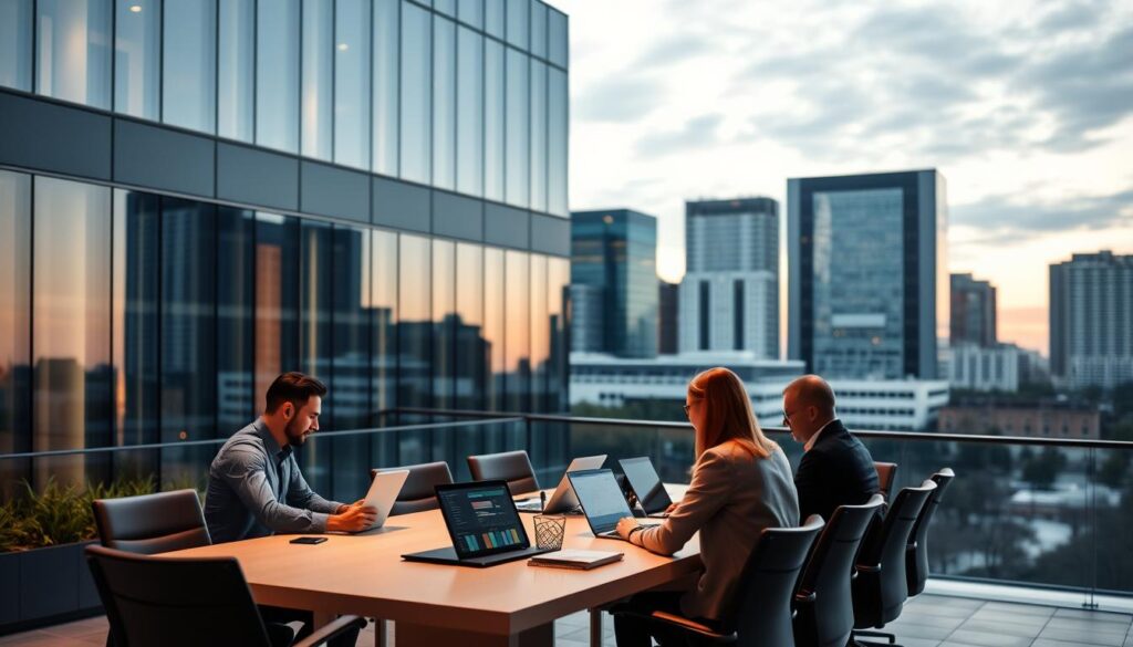 A sleek, modern office building set against a backdrop of the Wilmington, NC skyline. The façade features clean lines and large windows, conveying a professional and innovative atmosphere. In the foreground, a team of SEO experts collaborates at a stylish conference table, analyzing website analytics on their laptops. Warm, directional lighting illuminates the space, casting subtle shadows and highlighting the attention to detail. The overall scene evokes a sense of expertise, productivity, and the seamless integration of digital marketing strategies within the vibrant city landscape.