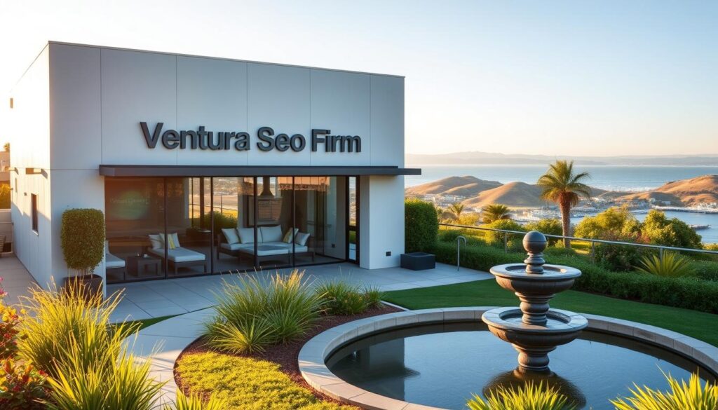 A sleek, modern office building set against a backdrop of the rolling hills and coastline of Ventura, California. The building's facade features clean lines, large windows, and a prominent sign reading "Ventura SEO Firm". In the foreground, a well-manicured garden with lush greenery and a tranquil water feature. The scene is bathed in warm, golden afternoon sunlight, creating a welcoming and professional atmosphere. The overall impression conveys a dynamic, forward-thinking digital marketing agency, well-equipped to deliver exceptional SEO services to local businesses.