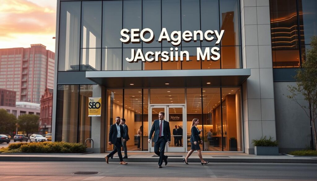 A sleek, modern office building set against a backdrop of the vibrant cityscape of Jackson, Mississippi. The façade features clean lines, large windows, and a prominent sign that reads "SEO Agency Jackson MS" in a bold, stylish font. In the foreground, a group of professionals in business attire stride confidently towards the entrance, conveying a sense of expertise and success. The lighting is soft and warm, creating a welcoming atmosphere. The scene is captured from a slightly elevated angle, showcasing the agency's prominent position within the local business community. The overall impression is one of a thriving, results-driven SEO agency poised to elevate the online presence and revenue of its clients.