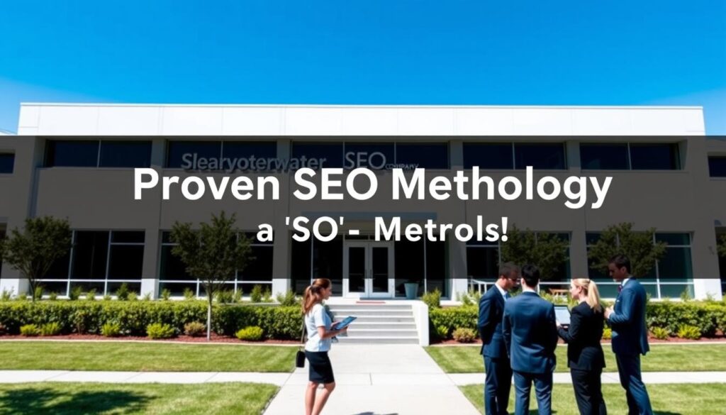 A sleek, modern office building set against a clear blue sky, with the Clearwater SEO Company logo prominently displayed on the facade. The building has large windows, a minimalist design, and a well-manicured landscape. In the foreground, a group of professionals in business attire are gathered, discussing strategies on their laptops and tablets. The lighting is bright and natural, creating a professional and productive atmosphere. The scene conveys the expertise and attention to detail that the Clearwater SEO Company brings to its clients, reflecting the "Proven SEO Methodology" highlighted in the article.
