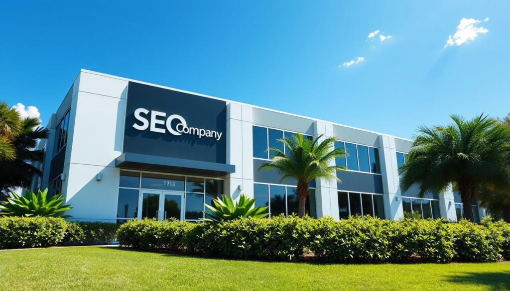 A sleek, modern office building set against a clear blue sky, with the Clearwater SEO Company logo prominently displayed on the façade. The structure has clean, geometric lines and large windows that allow natural light to flood the interior. In the foreground, a well-manicured lawn and lush, vibrant greenery create a welcoming, professional atmosphere. The scene is captured with a wide-angle lens, providing a comprehensive view of the company's headquarters. The lighting is soft and diffused, creating a sense of warmth and approachability. The overall mood conveys a sense of expertise, innovation, and a commitment to delivering exceptional SEO services to the Clearwater, FL community.