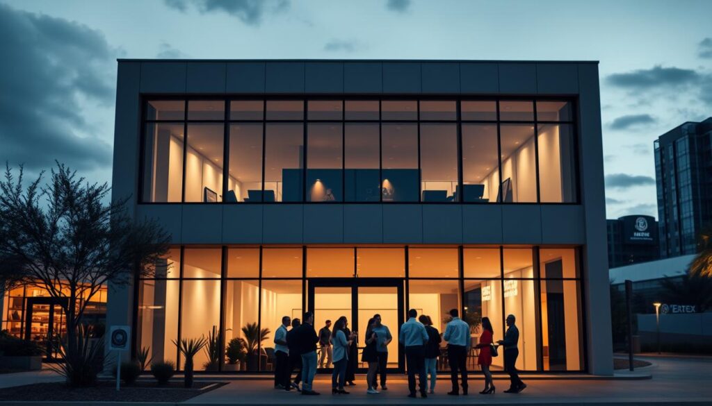 A sleek, modern office building set against the backdrop of the Buckeye, AZ skyline. The building's façade features clean lines, large windows, and a minimalist design, conveying a sense of professionalism and expertise. In the foreground, a group of people are gathered, discussing SEO strategies and digital marketing solutions. The lighting is soft and warm, creating a welcoming atmosphere. The scene is captured with a wide-angle lens, providing a comprehensive view of the setting and the activities taking place within. The overall impression is one of a thriving, well-equipped SEO services provider, catering to the needs of local businesses in Buckeye, AZ.