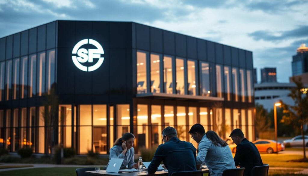 A sleek, modern office building set against the backdrop of the Sioux Falls skyline. The façade is adorned with the company's logo, a bold and minimalist design that commands attention. In the foreground, a team of SEO experts huddle around a table, poring over data and strategizing ways to boost their clients' online visibility. The lighting is warm and inviting, casting a soft glow over the scene and conveying a sense of professionalism and expertise. The overall atmosphere exudes a confident, results-driven energy, perfectly encapsulating the "Revenue Boomers" ethos of the top SEO agency in Sioux Falls.