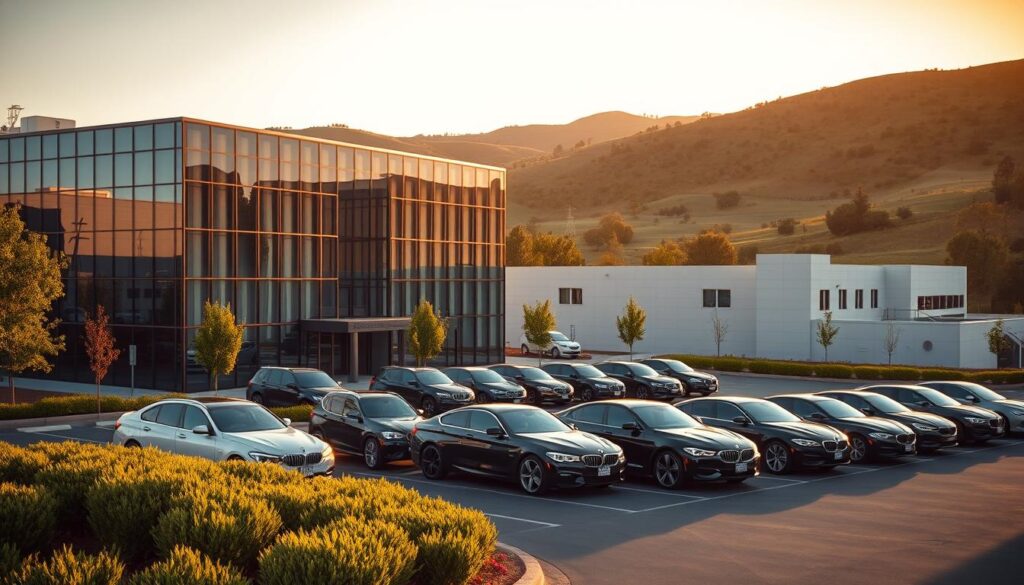 A sleek, modern office building set against the backdrop of the lush, rolling hills of Santa Clara, California. The structure's minimalist glass and steel facade gleams in the warm, golden afternoon sunlight, casting soft shadows across the expertly manicured landscaping in the foreground. A fleet of luxury vehicles are parked neatly in the lot, hinting at the high-caliber clientele served within. The scene conveys a sense of professionalism, innovation, and technological prowess - the perfect setting to showcase the comprehensive, cutting-edge SEO services on offer in this vibrant Silicon Valley community.