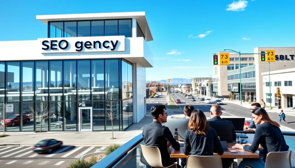 A sleek, modern office building situated in the heart of Rio Rancho, New Mexico, with a prominent sign that reads "SEO Agency Rio Rancho." The building has a clean, minimalist design with large windows that allow natural light to flood the interior. In the foreground, a group of professionals are gathered around a table, discussing digital marketing strategies and optimizing website content for search engine visibility. The middle ground showcases a team of web developers and designers collaborating on laptop screens, their expressions focused and determined. In the background, the bustling streets of Rio Rancho can be seen, with cars and pedestrians moving about, reflecting the vibrant and dynamic nature of the city. The overall scene conveys a sense of professionalism, innovation, and a commitment to delivering exceptional SEO services to local businesses.