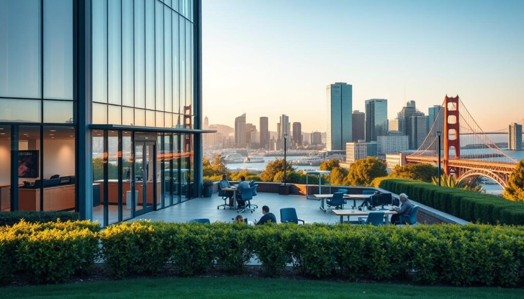 A sleek, modern office building situated in the vibrant heart of Richmond, CA, with a stylish facade of glass and steel. In the foreground, a well-manicured lawn and neatly trimmed shrubbery frame the entrance, leading to a spacious lobby with a warm, inviting ambiance. The middle ground showcases a team of SEO experts collaborating at their desks, surrounded by state-of-the-art technology and dynamic visuals on their computer screens. The background features the bustling cityscape of Richmond, with towering skyscrapers and the iconic Golden Gate Bridge in the distance, bathed in the soft, golden glow of the California sun.