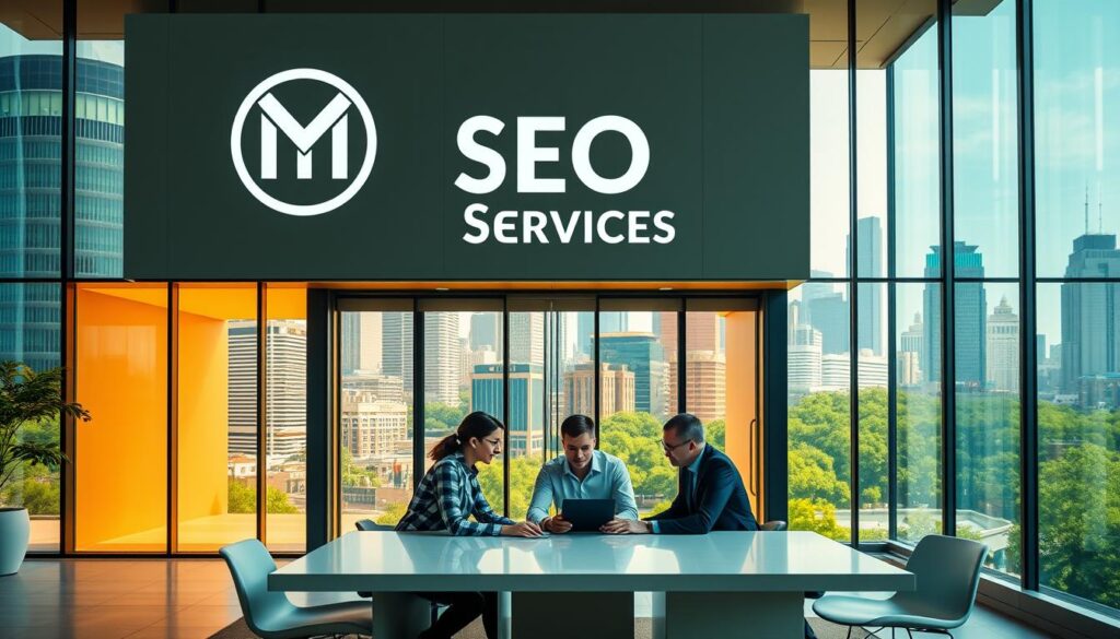 A sleek, modern office building with a bold McKinney SEO Services logo on the facade. The building is set against a backdrop of a vibrant, bustling city skyline, with skyscrapers and lush greenery. The entrance is flanked by tall, glass windows that let in abundant natural light, creating a warm and inviting atmosphere. In the foreground, a team of SEO experts can be seen collaborating at a large, minimalist conference table, their faces focused and determined as they strategize ways to drive their clients' online success. The lighting is a soft, even mixture of natural and artificial, creating a professional and productive ambiance. The overall scene conveys a sense of expertise, innovation, and a commitment to delivering exceptional SEO services to the McKinney community.