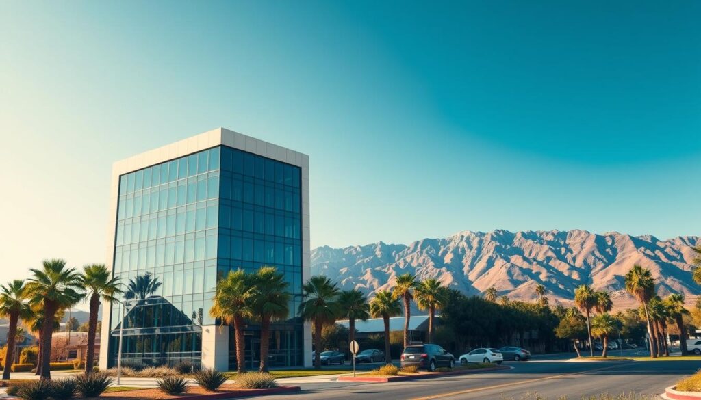 A sleek, modern office building with a bold, minimalist facade stands prominently in the foreground, its glass walls reflecting the Californian sun. In the middle ground, a well-manicured landscape with palm trees and lush greenery frames the scene, evoking the vibrant, sun-drenched atmosphere of Victorville. In the background, the rugged San Bernardino Mountains rise majestically, their peaks dusted with a hint of snow, creating a striking contrast with the warm, urban setting. The lighting is crisp and directional, casting dramatic shadows and highlighting the architectural details of the building. The overall impression is one of a thriving, sophisticated SEO agency, perfectly positioned to help local businesses in Victorville boost their online visibility and success.
