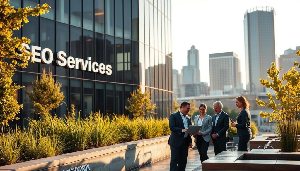 A sleek, modern office building with a prominent "SEO Services" sign on the facade, set against a backdrop of the Richardson, TX skyline. The foreground features a group of professionals in business attire discussing strategies over a laptop on an outdoor patio, with lush greenery and a trickling water feature nearby. Warm, natural lighting casts a welcoming glow, and the overall atmosphere conveys a sense of expertise, collaboration, and the city's vibrant technology hub.