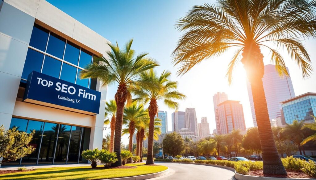 A sleek, modern office building with a prominent sign reading "Top SEO Firm, Edinburg TX" stands in the foreground. The structure features clean lines, large windows, and a minimalist design aesthetic. In the middle ground, lush palm trees sway gently, casting dappled shadows on the well-manicured landscaping. The background showcases the vibrant, sun-drenched cityscape of Edinburg, with towering skyscrapers and a clear blue sky overhead. The scene conveys a sense of professionalism, innovation, and the city's thriving business community.