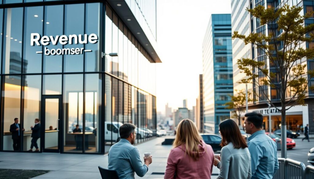 A sleek, modern office building with floor-to-ceiling windows, situated in a bustling downtown area. The exterior features a clean, minimalist design with a prominent sign that reads "Revenue Boomers - SEO Agency". In the foreground, a group of professionals are gathered, discussing strategies while sipping coffee. The lighting is soft and warm, creating a welcoming atmosphere. In the background, the cityscape is visible, hinting at the agency's central location and accessibility. The scene conveys a sense of expertise, collaboration, and a commitment to helping local businesses thrive through effective SEO services.