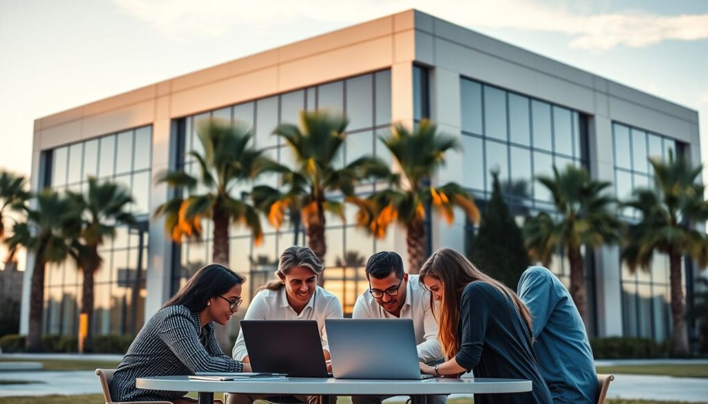 A sleek, modern office building with large windows and a minimalist facade stands proudly against a backdrop of palm trees and a clear blue sky. In the foreground, a team of SEO experts huddle around a table, laptops open and brows furrowed in concentration. The lighting is warm and natural, casting a soft glow over the scene. The atmosphere is one of focused productivity and strategic thinking, as the team collaborates to unlock the SEO secrets that will drive success for their Palmdale-based clients. The overall impression is one of a dynamic, results-oriented SEO company that is well-equipped to help local businesses thrive in the digital landscape.