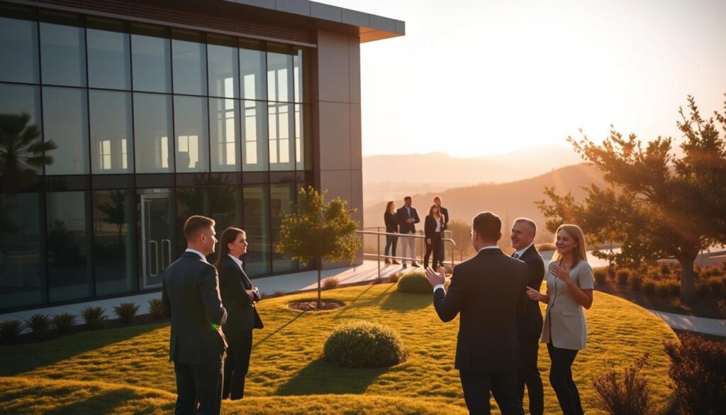 A sleek, modern office building with large windows and a stylish facade, bathed in warm, golden afternoon light. In the foreground, a group of professionals in business attire engaged in a lively discussion, gesturing animatedly. The middle ground features a well-manicured landscape with strategically placed trees and shrubs, creating a sense of tranquility. In the background, the hazy silhouettes of nearby hills and a cloudless sky, conveying a sense of serene productivity. The overall scene radiates a feeling of trust, expertise, and collaboration, perfectly capturing the essence of a successful Escondido SEO partnership.